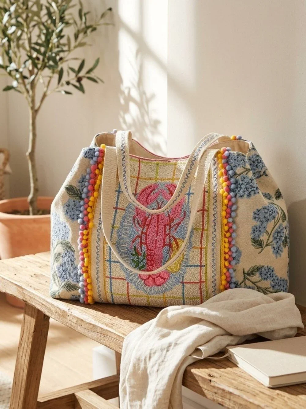 Boho Blossom New England Lobster Hand beaded Tote- Beach tote